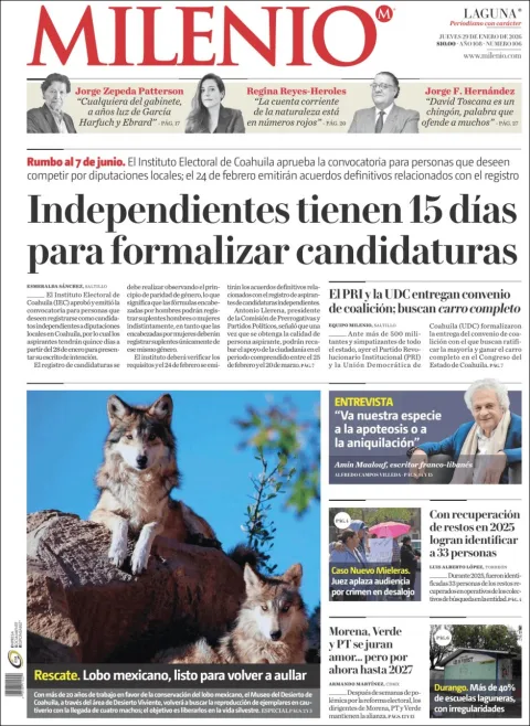 Portada de Milenio Laguna del jueves, 29 de enero de 2026