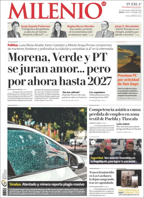 Portada de Milenio Puebla del jueves, 29 de enero de 2026