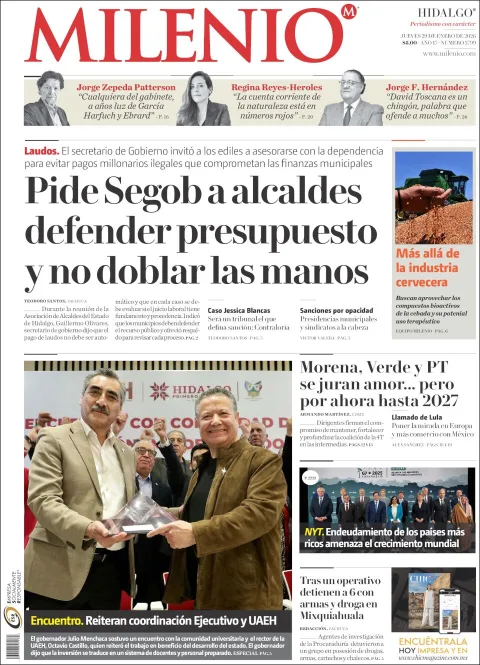 Portada de Milenio Hidalgo del jueves, 29 de enero de 2026