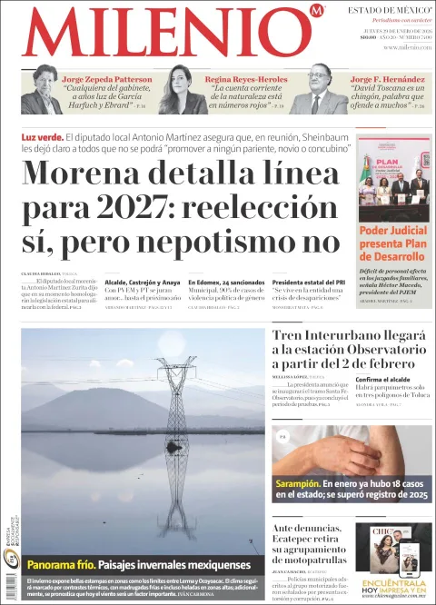 Portada de Milenio Edo de Mexico del jueves, 29 de enero de 2026