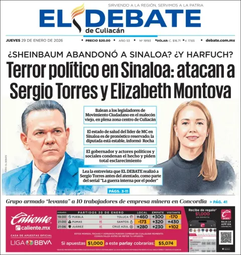 Portada de El Debate de Culiacan del jueves, 29 de enero de 2026