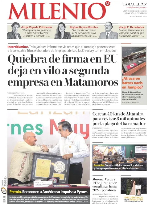 Portada de Milenio Tamaulipas del jueves, 29 de enero de 2026
