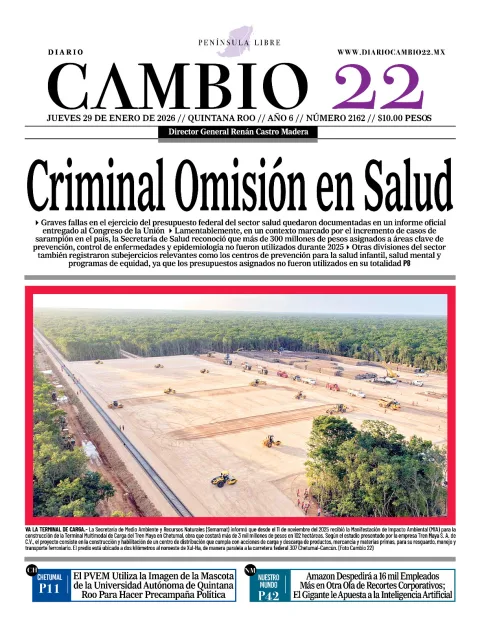 Portada de Diario Cambio 22 (contraportada) del jueves, 29 de enero de 2026