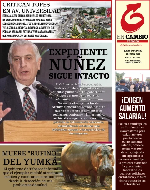 Portada de En Cambio - Tabasco (portada) del jueves, 29 de enero de 2026