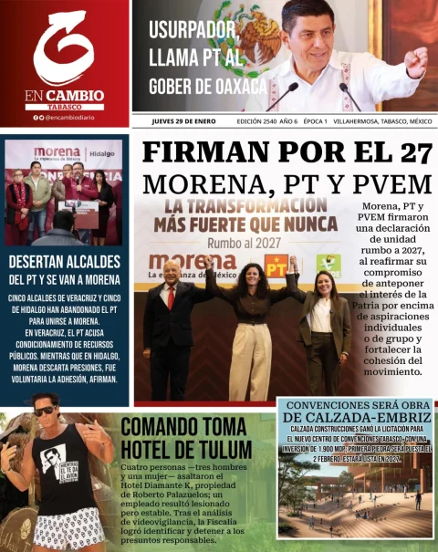 Portada de En Cambio - Tabasco (contraportada) del jueves, 29 de enero de 2026