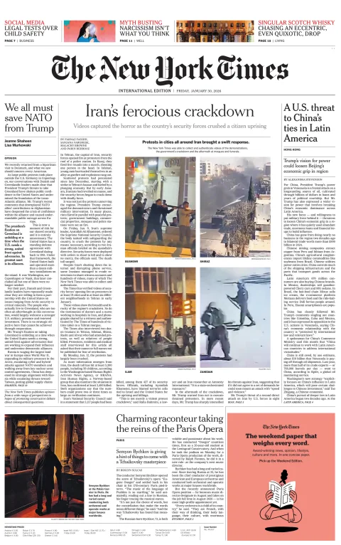 Portada de The New York Times (international) del viernes, 30 de enero de 2026