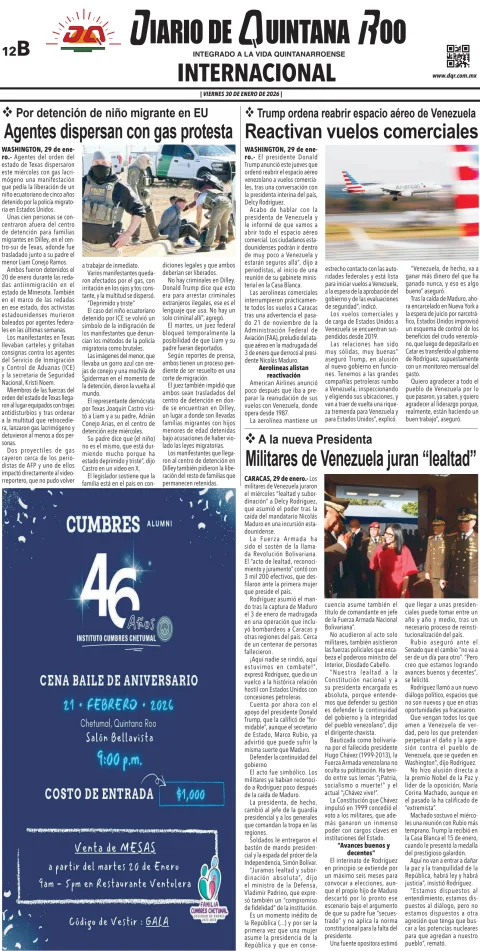 Portada de Diario de Quintana Roo (contra Portada) del viernes, 30 de enero de 2026