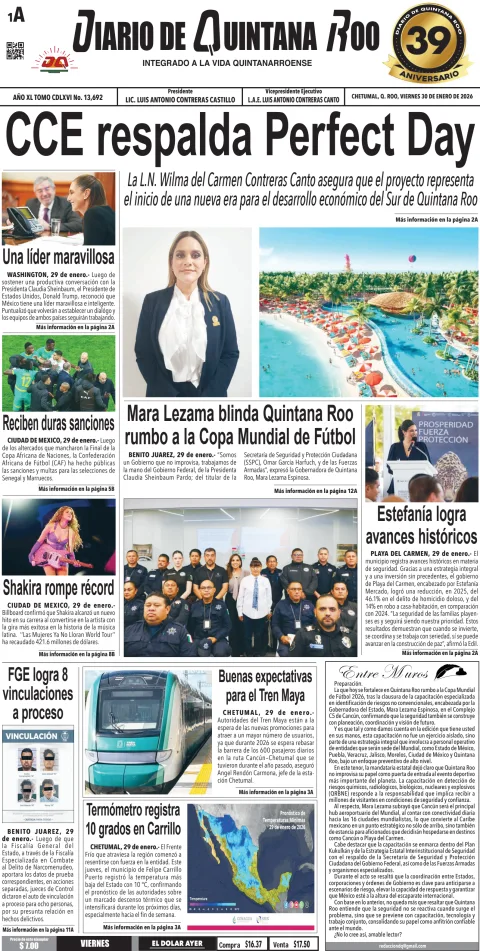 Portada de Diario de Quintana Roo (portada) del viernes, 30 de enero de 2026