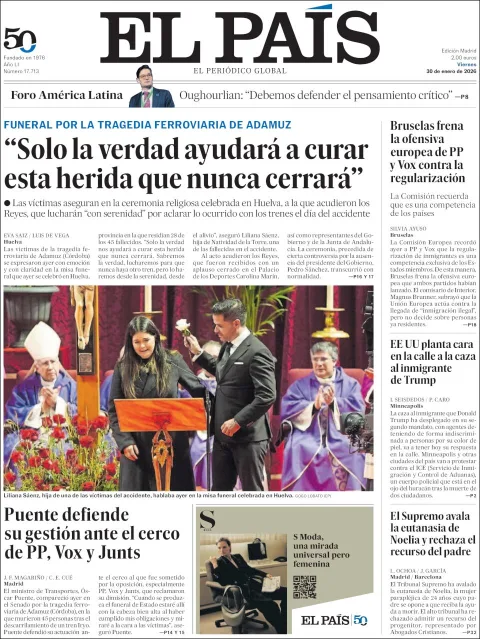 Portada de El Pais del viernes, 30 de enero de 2026