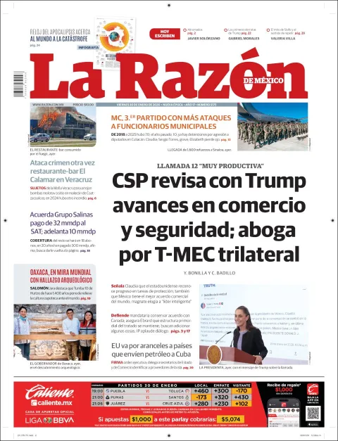 Portada de La Razon del viernes, 30 de enero de 2026