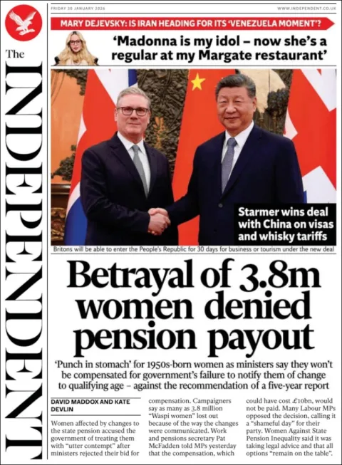 Portada de The Independent del viernes, 30 de enero de 2026