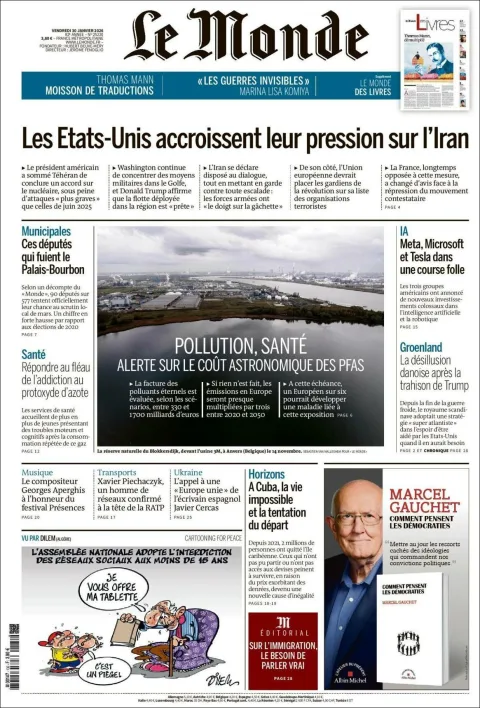 Portada de Le Monde del viernes, 30 de enero de 2026
