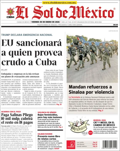 Portada de El Sol de Mexico del viernes, 30 de enero de 2026