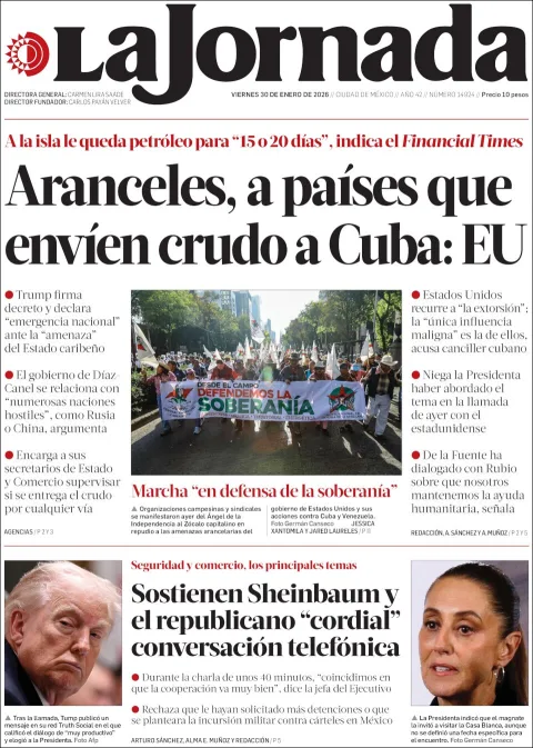 Portada de La Jornada del viernes, 30 de enero de 2026