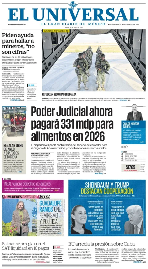 Portada de El Universal del viernes, 30 de enero de 2026