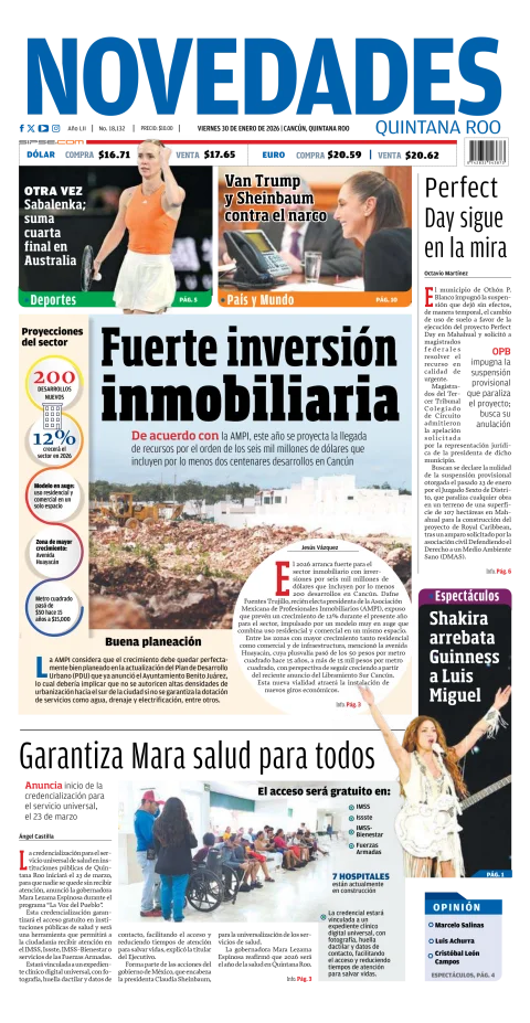 Portada de Novedades Quintana Roo del viernes, 30 de enero de 2026