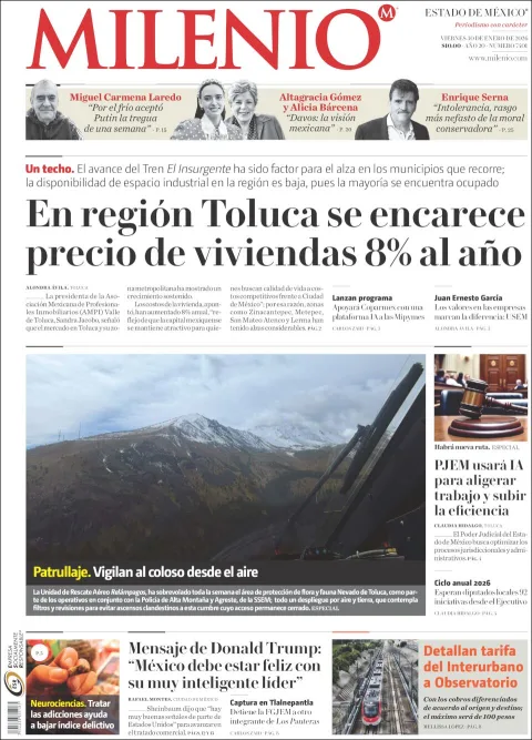 Portada de Milenio Edo de Mexico del viernes, 30 de enero de 2026