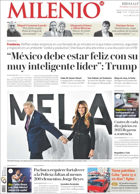 Portada de Milenio Hidalgo del viernes, 30 de enero de 2026
