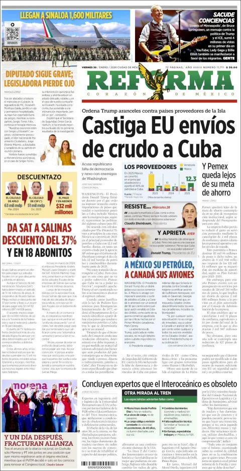 Portada de Reforma del viernes, 30 de enero de 2026