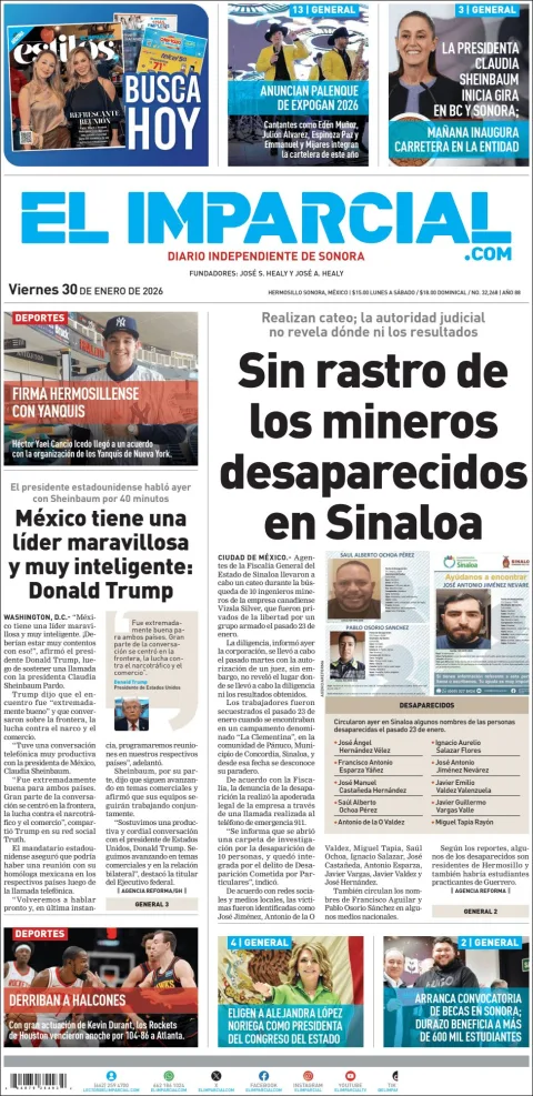 Portada de El Imparcial del viernes, 30 de enero de 2026