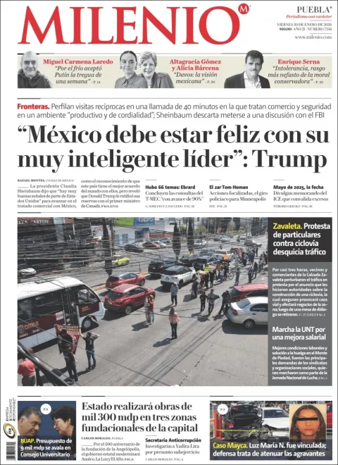 Portada de Milenio Puebla del viernes, 30 de enero de 2026