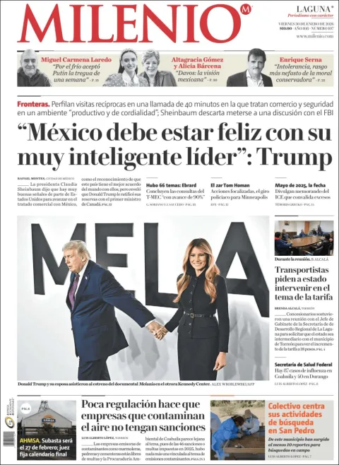 Portada de Milenio Laguna del viernes, 30 de enero de 2026
