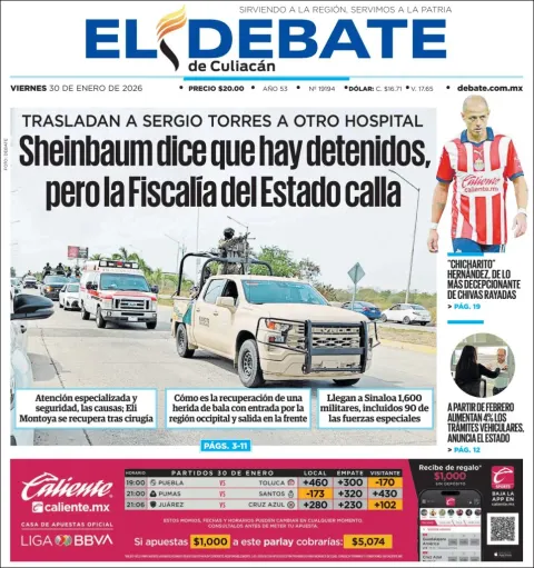 Portada de El Debate de Culiacan del viernes, 30 de enero de 2026
