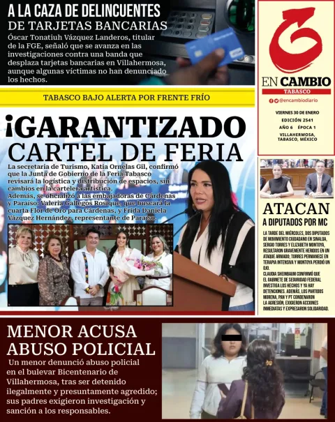 Portada de En Cambio - Tabasco (portada) del viernes, 30 de enero de 2026