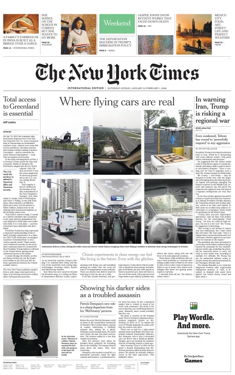 Portada de The New York Times (international) del sábado, 31 de enero de 2026