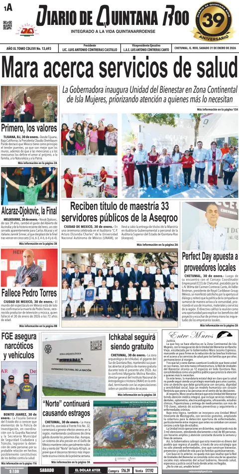 Portada de Diario de Quintana Roo (portada) del sábado, 31 de enero de 2026