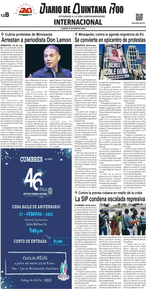 Portada de Diario de Quintana Roo (contra Portada) del sábado, 31 de enero de 2026