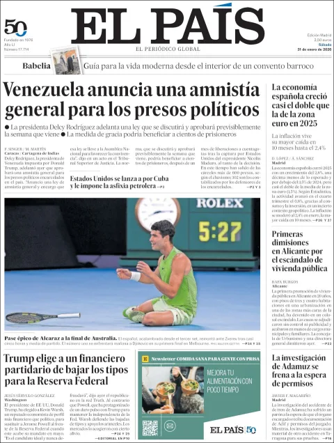 Portada de El Pais del sábado, 31 de enero de 2026