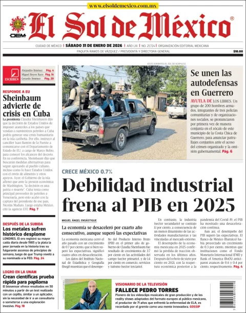 Portada de El Sol de Mexico del sábado, 31 de enero de 2026
