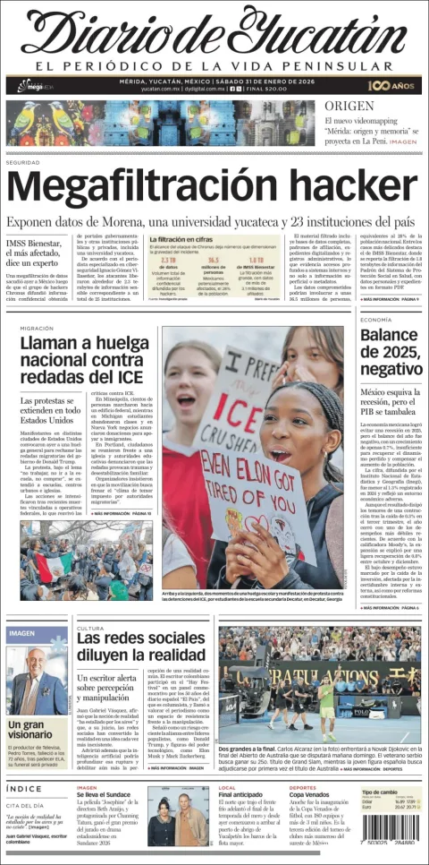Portada de Diario de Yucatán del sábado, 31 de enero de 2026