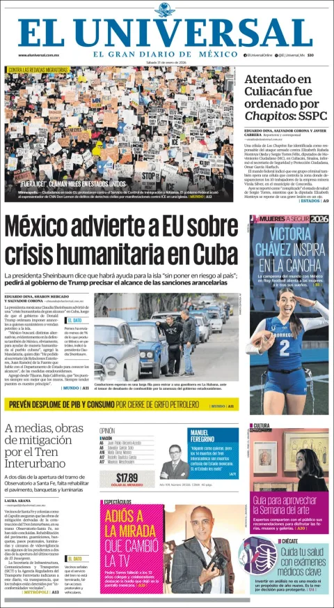 Portada de El Universal del sábado, 31 de enero de 2026