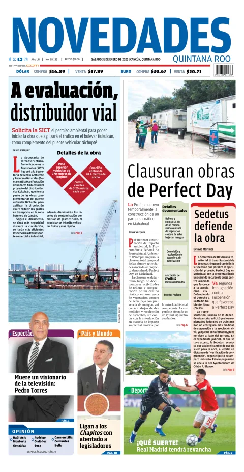 Portada de Novedades Quintana Roo del sábado, 31 de enero de 2026