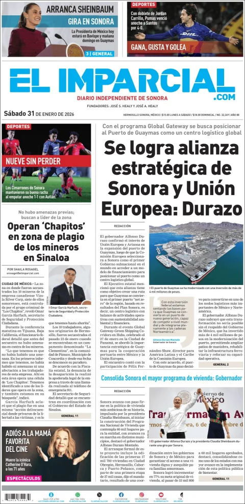 Portada de El Imparcial del sábado, 31 de enero de 2026