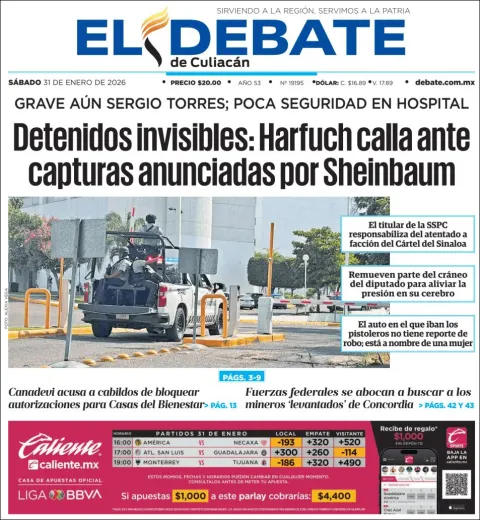 Portada de El Debate de Culiacan del sábado, 31 de enero de 2026