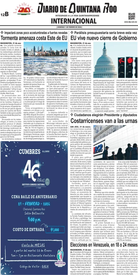 Portada de Diario de Quintana Roo (contra Portada) del domingo, 1 de febrero de 2026