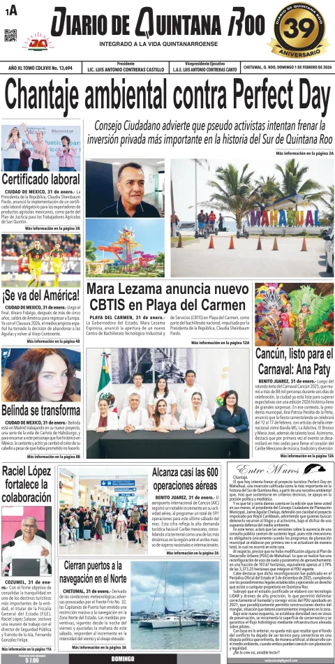 Portada de Diario de Quintana Roo (portada) del domingo, 1 de febrero de 2026