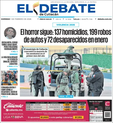 Portada de El Debate de Culiacan del domingo, 1 de febrero de 2026