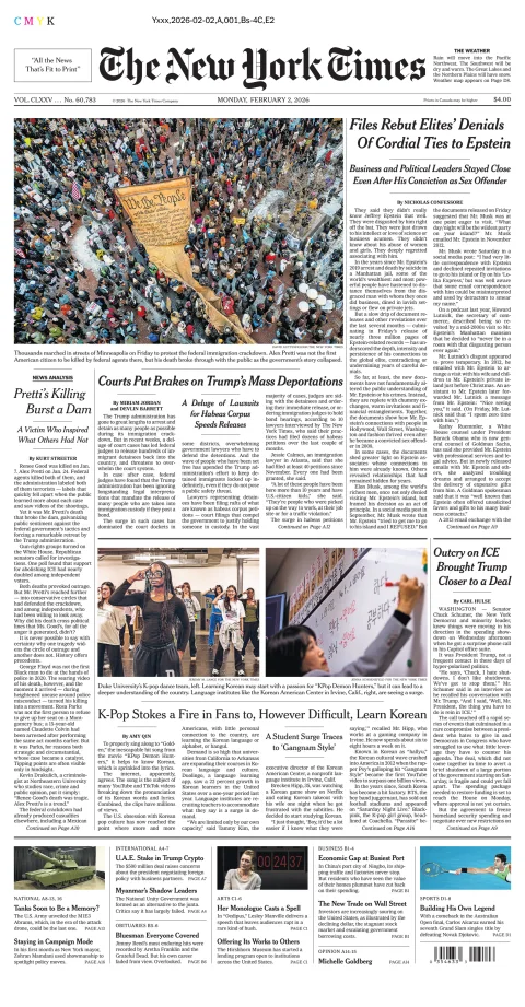 Portada de The New York Times (national) del lunes, 2 de febrero de 2026