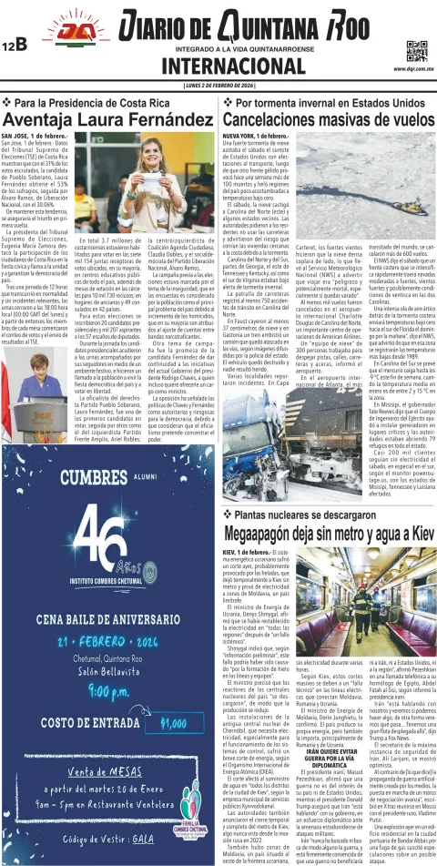 Portada de Diario de Quintana Roo (contra Portada) del lunes, 2 de febrero de 2026