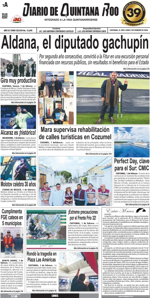 Portada de Diario de Quintana Roo (portada) del lunes, 2 de febrero de 2026