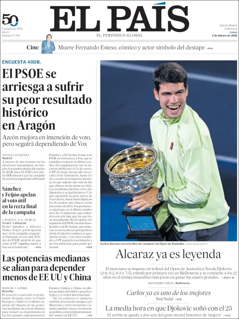 Portada de El Pais del lunes, 2 de febrero de 2026