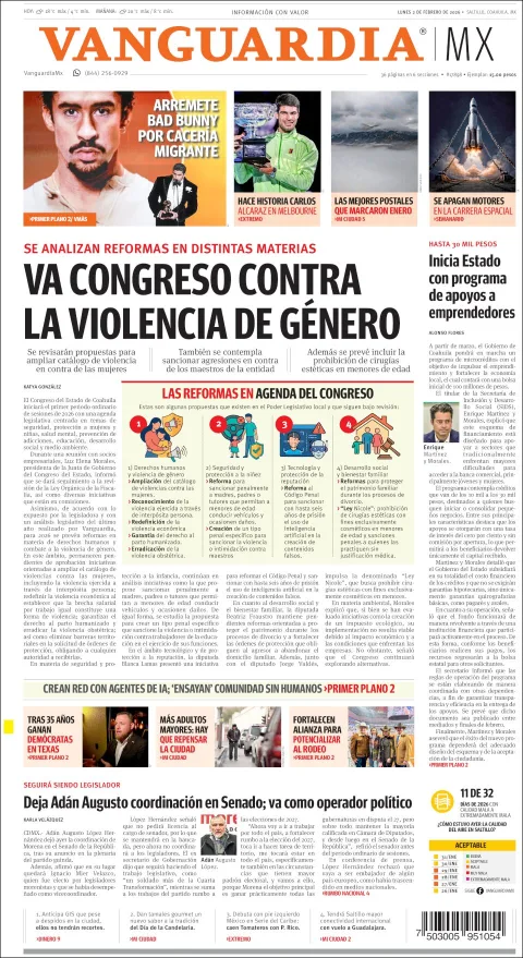 Portada de Vanguardia del lunes, 2 de febrero de 2026
