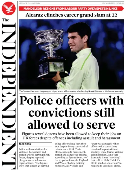 Portada de The Independent del lunes, 2 de febrero de 2026