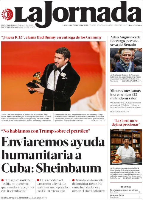 Portada de La Jornada del lunes, 2 de febrero de 2026