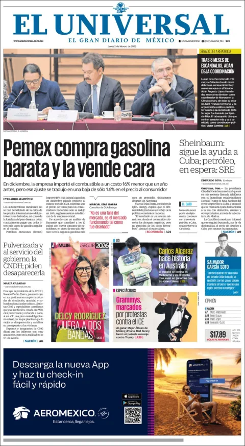 Portada de El Universal del lunes, 2 de febrero de 2026