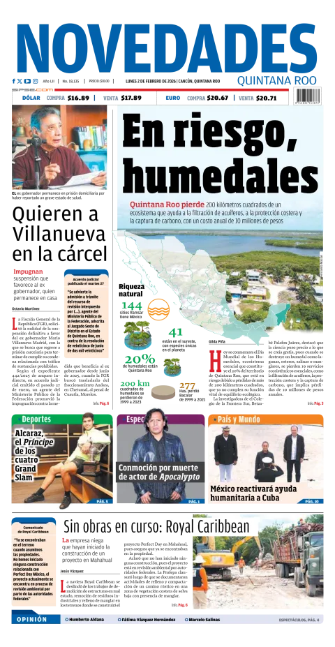 Portada de Novedades Quintana Roo del lunes, 2 de febrero de 2026